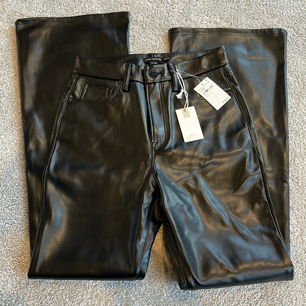 Good American Black Faux Leather Flare Pants